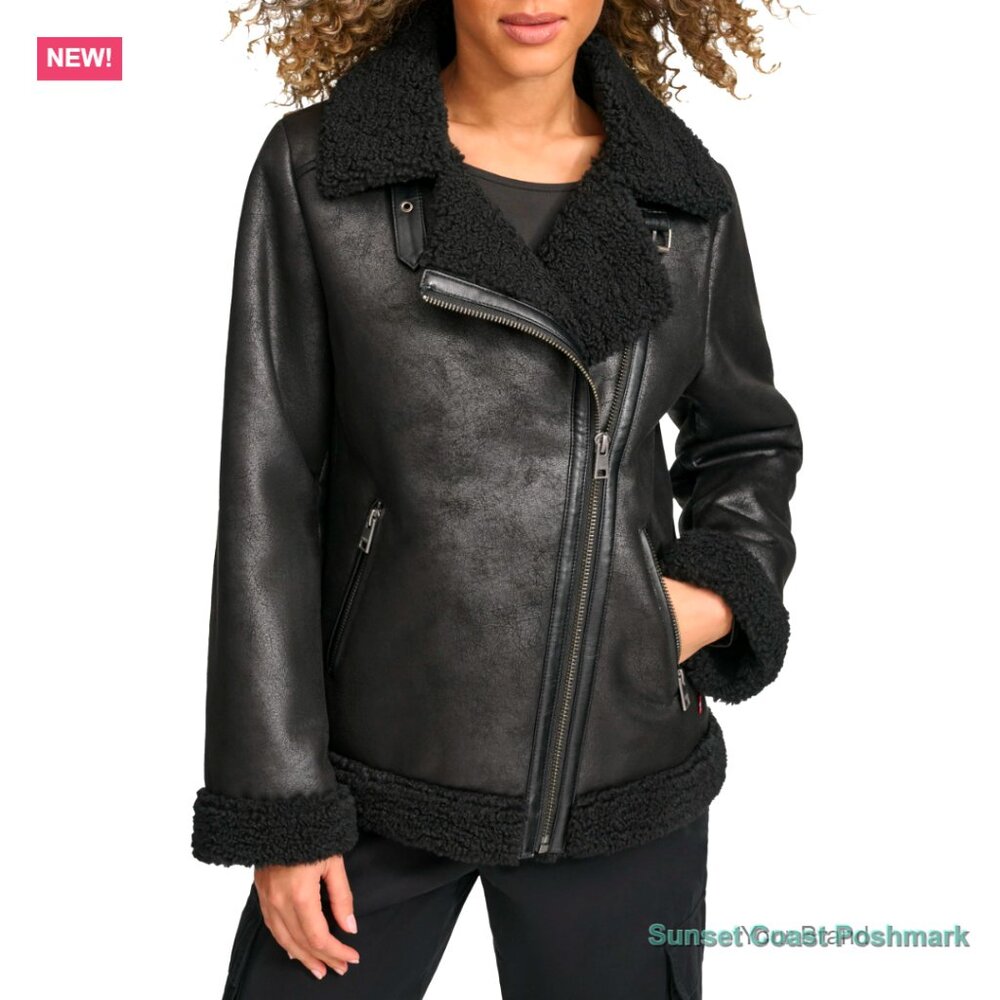 Levi's Faux Leather Moto Jacket in Black Sherpa Lining Zipper Pockets New